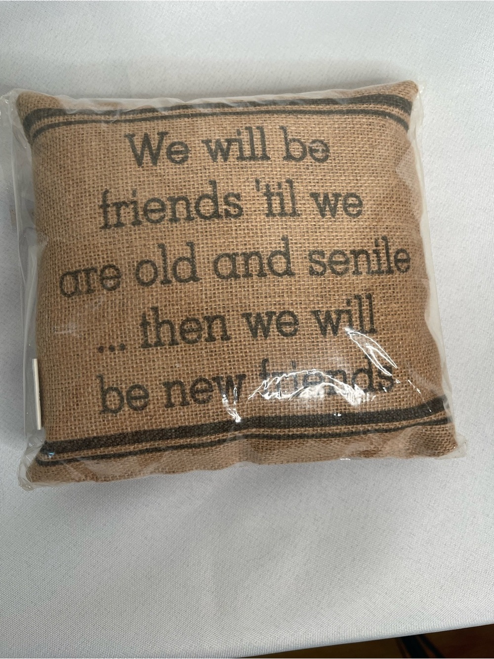 Rustic Burlap Throw Pillow with Humorous Quote - Tan 7x7